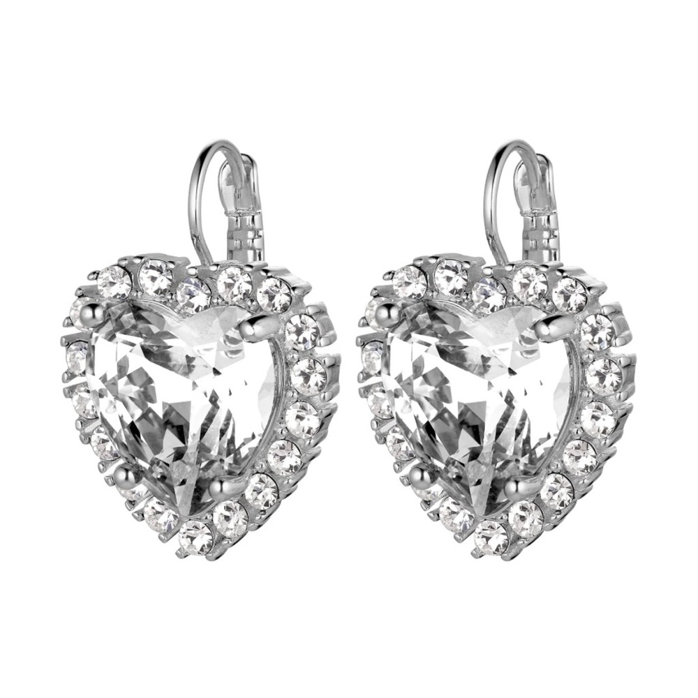 Clear Crystal Heart With White Stone Silver Earrings, Sterling Silver Plated